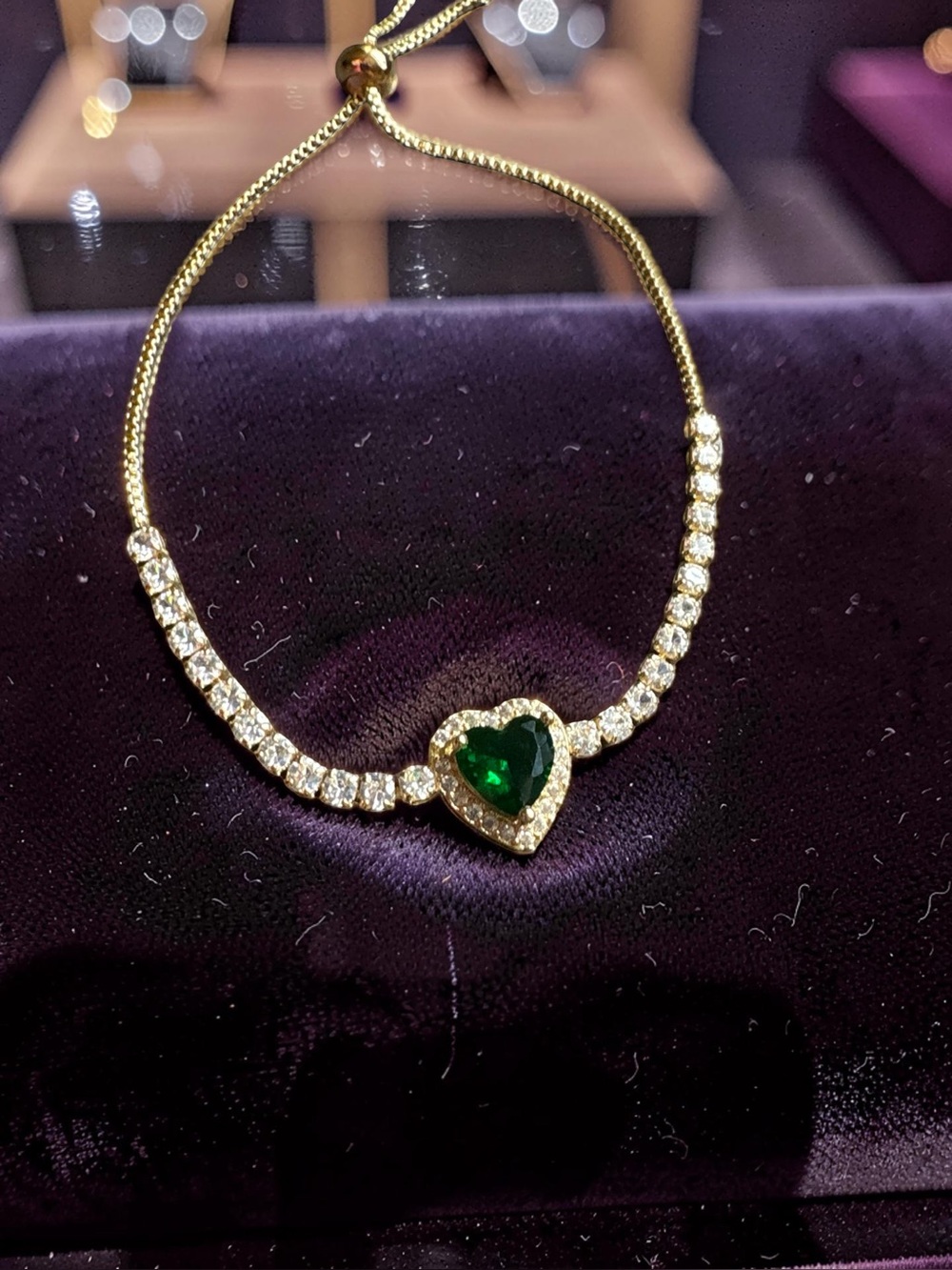 Gold Slider Bracelet with Green Heart Crystal and Clear Accents - Picture 1 of 4
